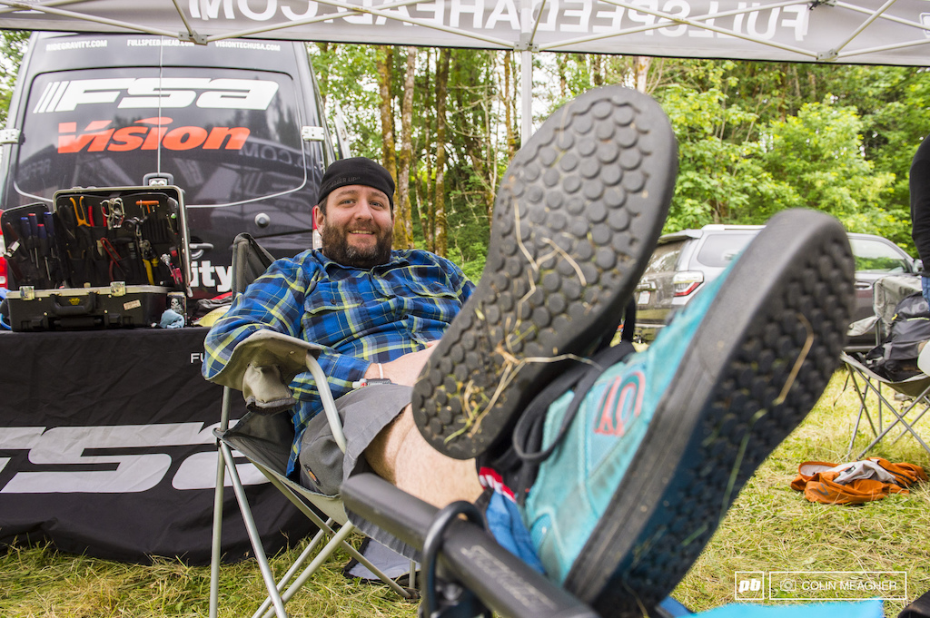 The easiest going man in nuetral support; FSA's Patrik Zuest relaxing pre-race. Winning isn't really in the cards when you're racing with 30 lbs of repair gear and tubes on your back.