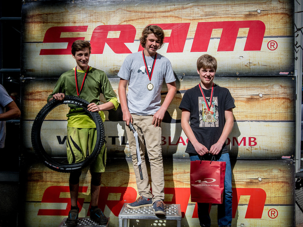 Mens Youth Age 15-16 Podium (l to r) Stefan Licko (2nd), Tristan Sanders (1st), Reilly Fogolin (3rd).   2016 Whistler Spring Classic - Whistler, BC. Photo by Scott Robarts