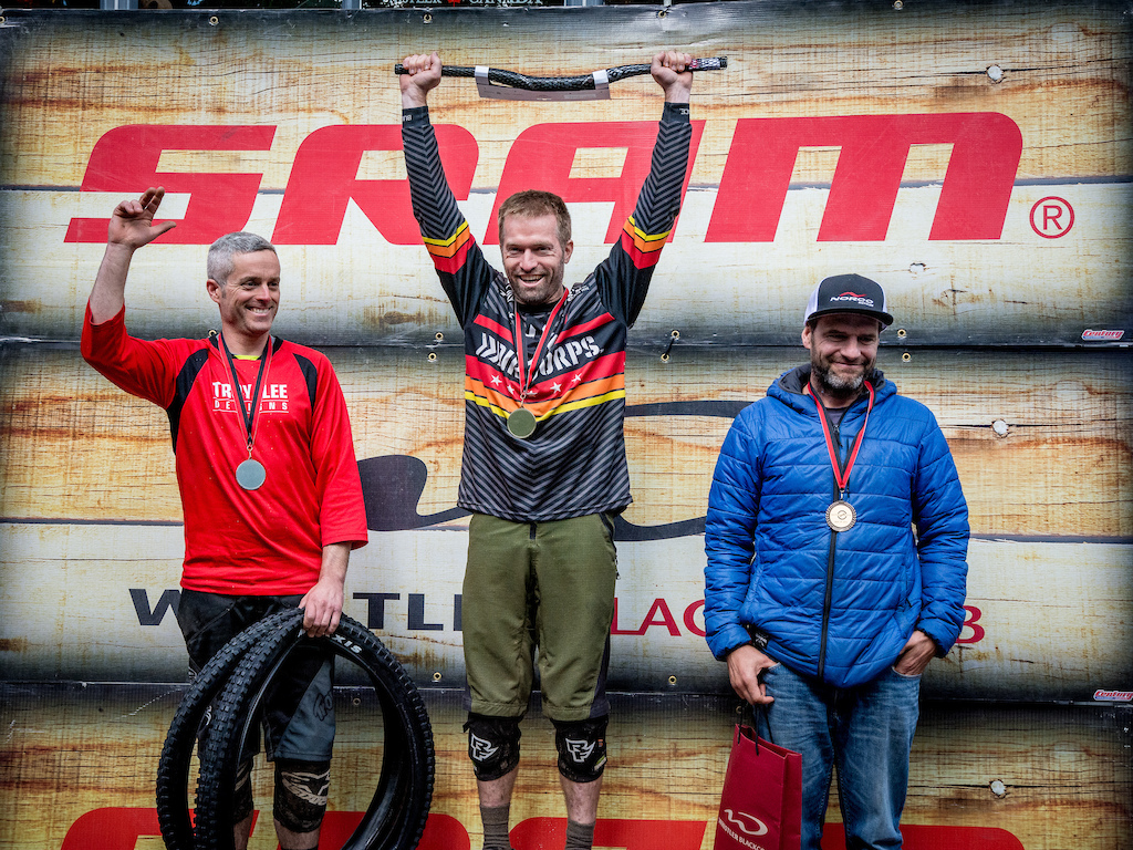 Mens Master 40+ Podium (l to r) Tyler Earnhart (2nd), Matt Patterson (1st), Edward Witwicki (3rd).  2016 Whistler Spring Classic - Whistler, BC. Photo by Scott Robarts