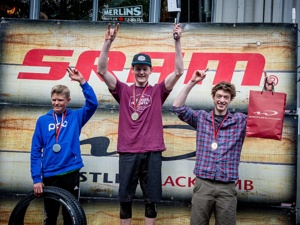 Men Aged 17-20 Podium (l to r) Kasper Wolley (2nd), Max Leyen (1st), Evan Mant (3rd). 2016 Whistler Spring Classic - Whistler, BC. Photo by Scott Robarts