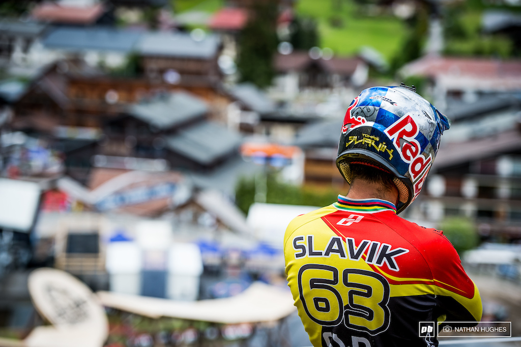 Former 4x World Champ, Tomas Slavik, Czeching out the course below.