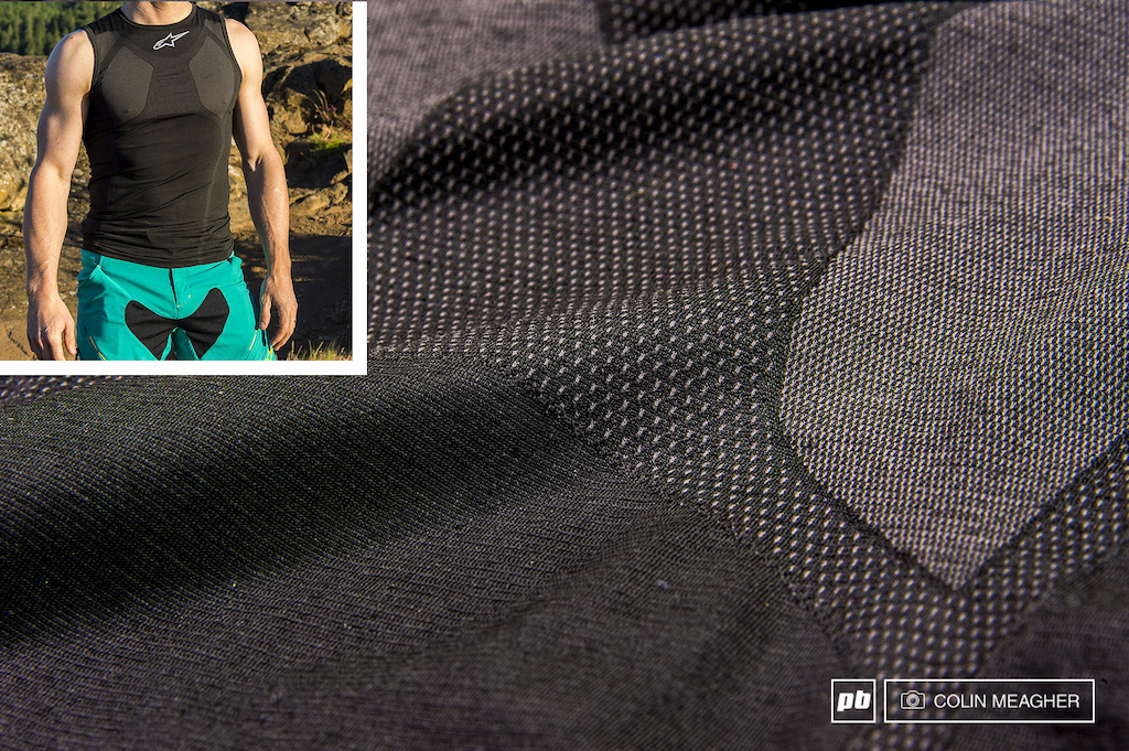 Details of the Alpinestars MTB Tech Tank Top. Note the use of different fabric panels to optimize wicking abilities of this baselayer piece.