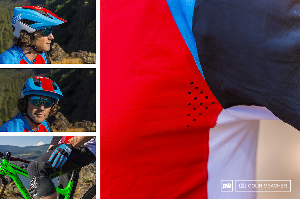 Detail shots of Fox's Metah Helmet, Digit Gloves, Evolution Launch Knee Pads and the Attack Pro 3/4 sleeve jersey.