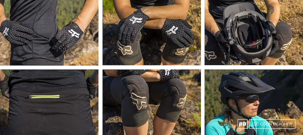 Detail shots of Fox's Ripley Jersey, the Ripley Shorts, the Ripley Gloves, the Metah helmet and the Launch Enduro Knee Pads.