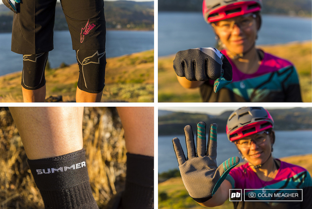Details of Alpinestars' Paragon Knee Guards, F-Lite Glove, and the Summer socks (the words "summer" are visible when the sock is rolled down).