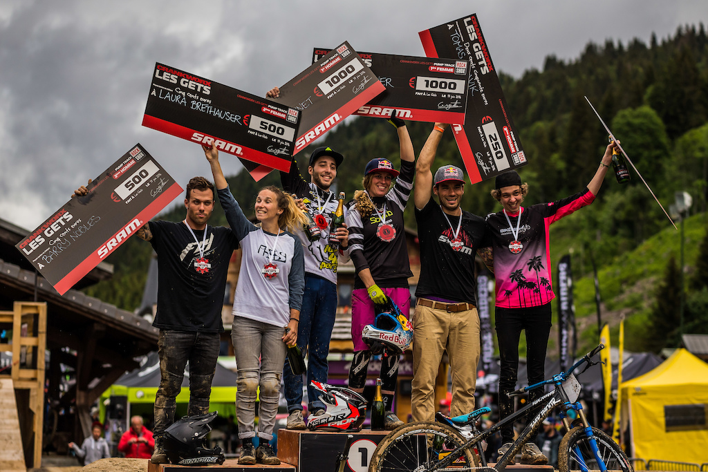 Barry Nobles (USA) - Men's 2nd, Laura Brethauer (GER) - Women's 2nd, Chaney Guennet (FRA), Men's 1st, Jill Kintner (USA), Women's 1st, Tomas Slavik (FRA), Men's 3rd, Geraldine Fink (SUI), Women's 3rd, Les Gets Pump Track presented by RockShox. Photo by Sean St. Denis