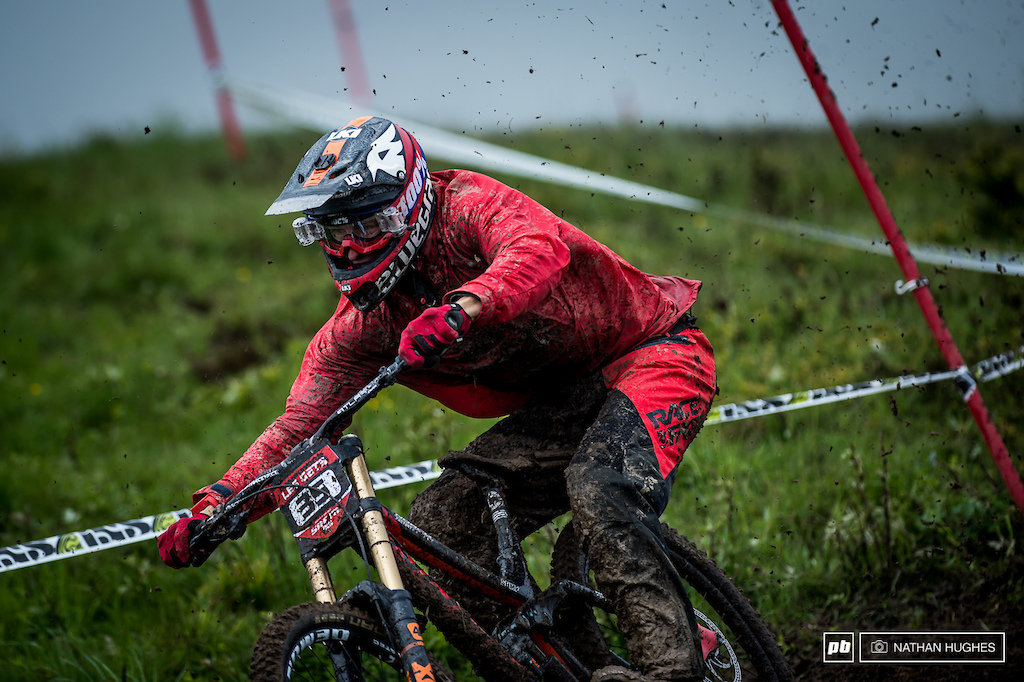 Sam Blenkinsop hammering the waterlogged turns of the top section.