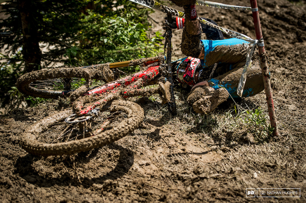 Casey Brown was bucked off in the deep mud and sludge before the road gap.