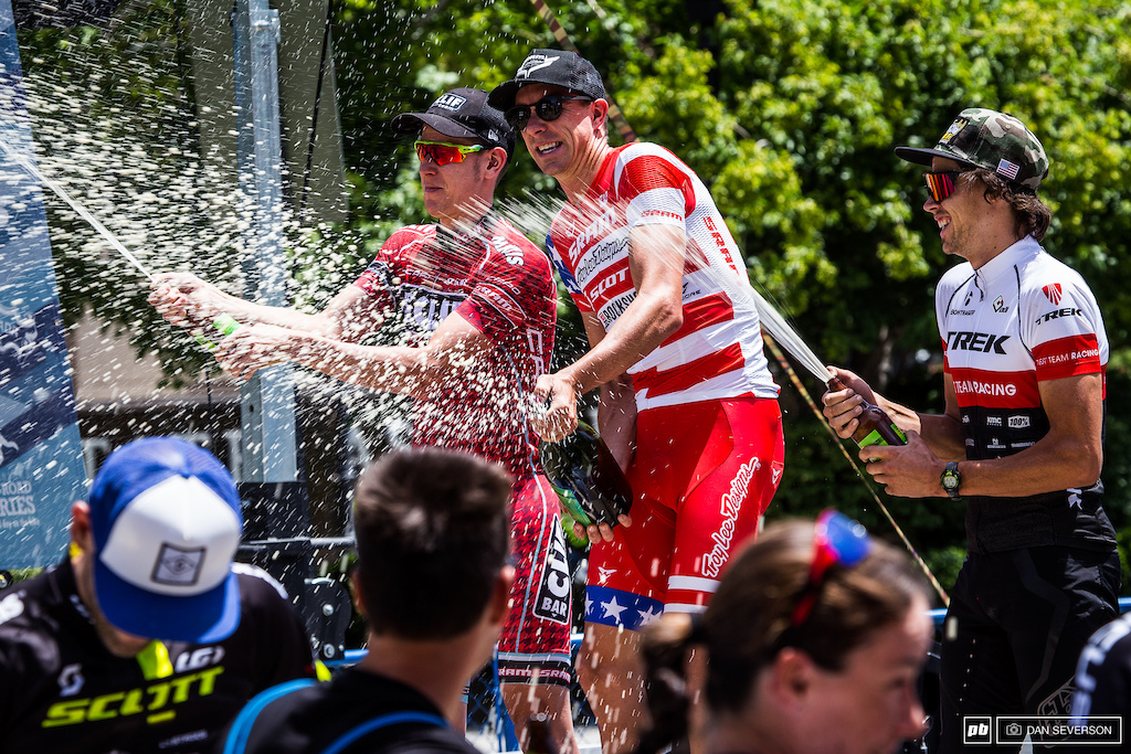 Todd Wells, Benjamin Sonntag and Nic Beechan celebrate, as the top three Pro Men in the Epic Rides race series. Some large checks were taken home.