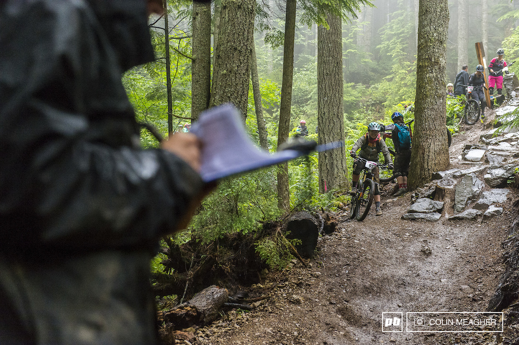 Jamie Diddier of Hood River OR in queue to drop into stage one of the Beginner Sport track Lower Predator.