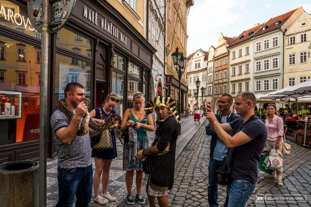 How to make a living in Prague. Step one - buy Boa Constrictor. Step two - by Pharaoh costume. Step three - charge 5 bucks for people to take their picture hold said Boa.