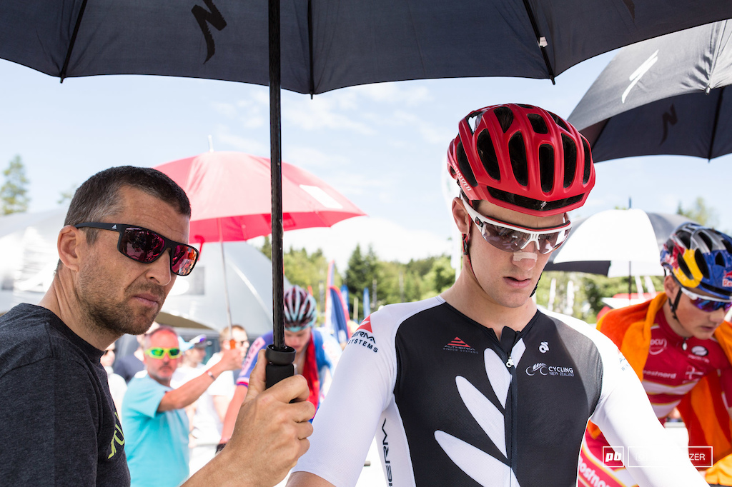 Christoph Sauser supporting the Specialized riders. Sam Gaze getting ready for the race.