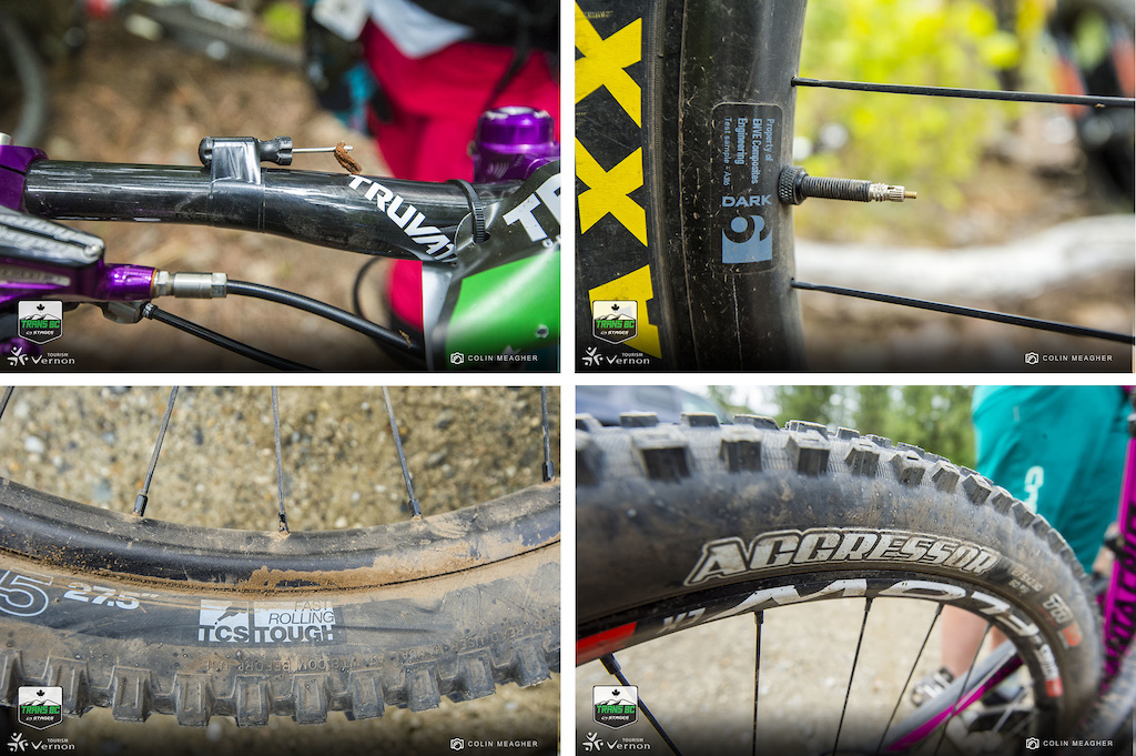 Punctures are the biggest time suck on stage racing like this. And most of the competitors came prepared. Some have tire plugs strapped to the handlebar for quick repairs but prevention is the best course of action. And there were a TON of DH casing tires on track with the Maxxis Aggressor and the WTB TCS Tough casings seen on a lot of bikes. And then there were the more subtle preventative measures ENVE Dark 6 rims on a handful of wheels.