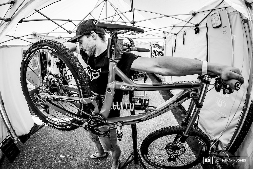 Tahnee Seagrave's mechanic, Matt, putting the finishing touches to her Transition racing sled.