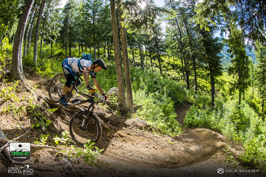 Adam Craig railing the Red Mountain DH track aboard his new Trance