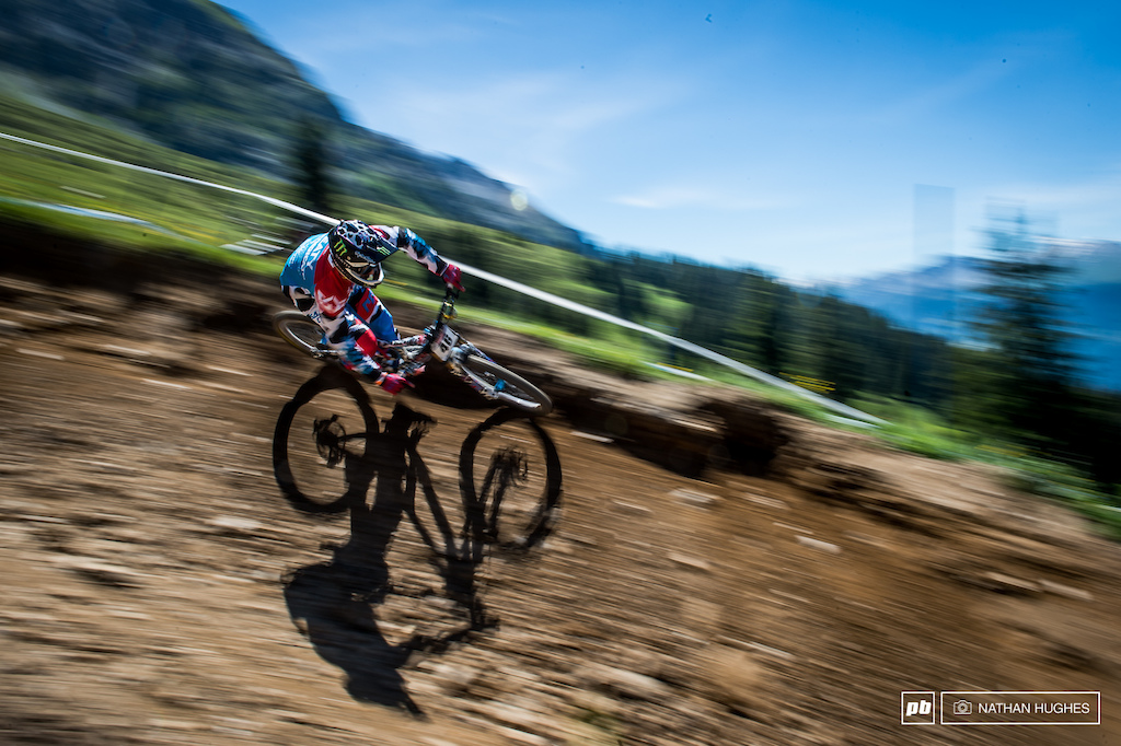 Steve Peat sending his own creation (i.e. the Straightline DH course) in his fanciful get-up.