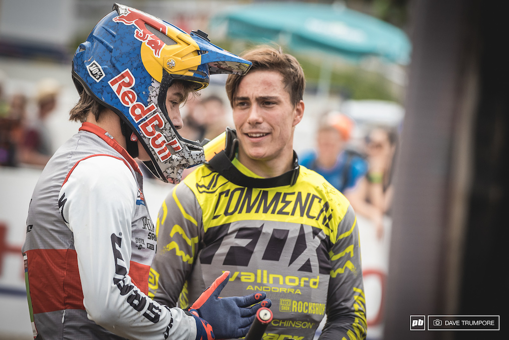 Friendly rivals Finn Iles and Gaetan Vige chat at the finish as Finn clinched his third win of the season.