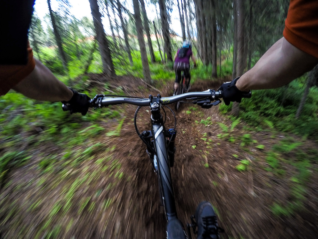 Dev and I running down Loosey Goosey at Tabor Mountain Bike Park
