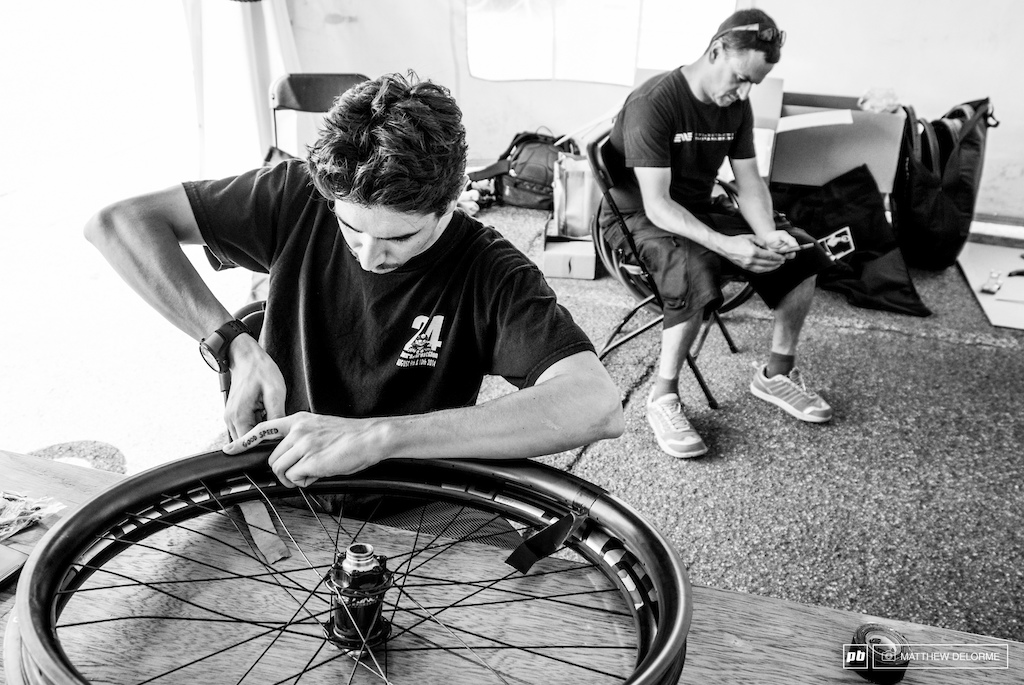 Corey from Enve was busy at work in the Santa Cruz pits, putting together fresh wheel sets.