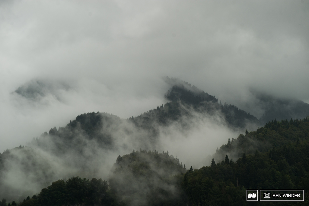 The mountains engulfed by clouds.