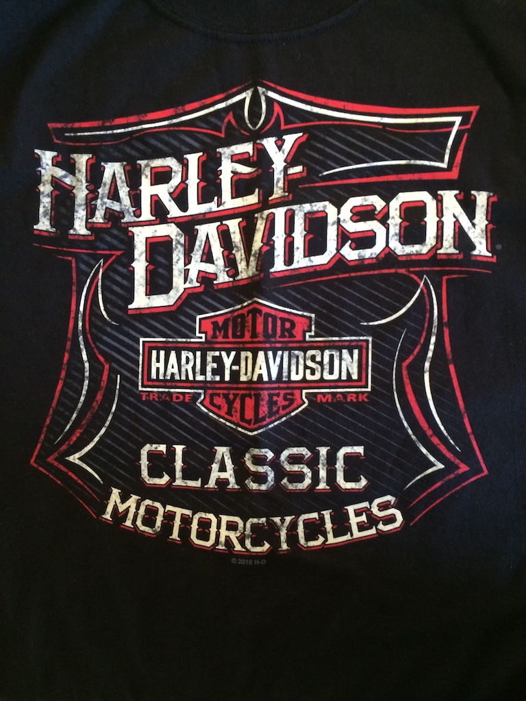 My parents were joy riding around and stopped at a Harley shop somewhere out of town and picked up this shirt for me...