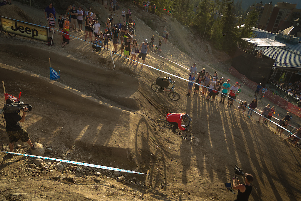 Tom Van Steenbergen (Red), vs Jakub Vencl (Black) during the CLIF Bar Dual Speed &amp; Style at Crankworx Whistler. Photo by Clint Trahan.