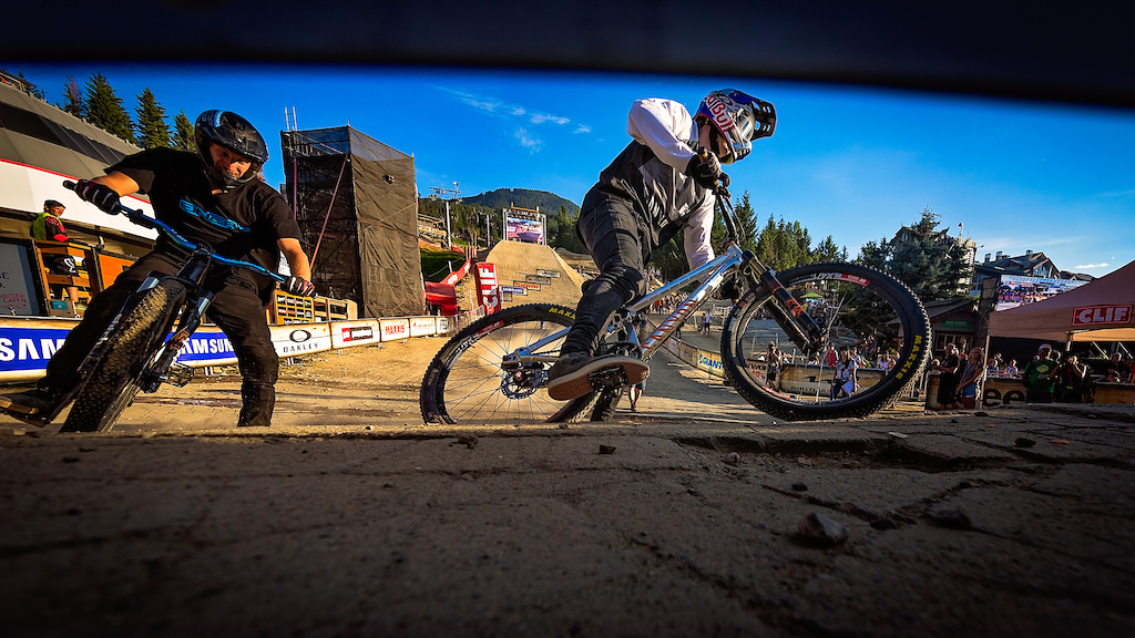 Thomas Genon (right) vs Jakub Vencl (left) during the CLIF Bar Dual Speed &amp; Style at Crankworx Whistler. Photo by Clint Trahan.