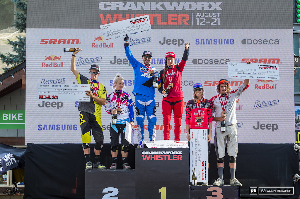 The pro Garbo DH podium (L-R): Sam Blenkinsop and Tracey Hannah (2), Marcelo Gutierrez and Miranda Miller (1), Claire Buchar and Jack Moir (3).