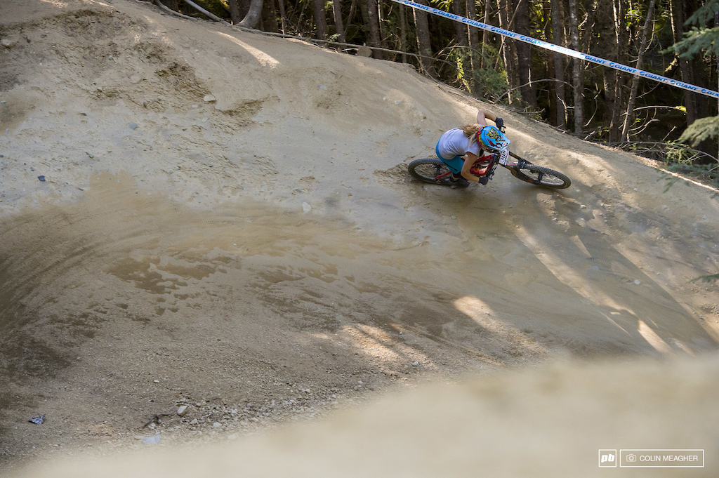 Casey Brown getting every bit of a massive hole near the bottom of the the A Line DH.