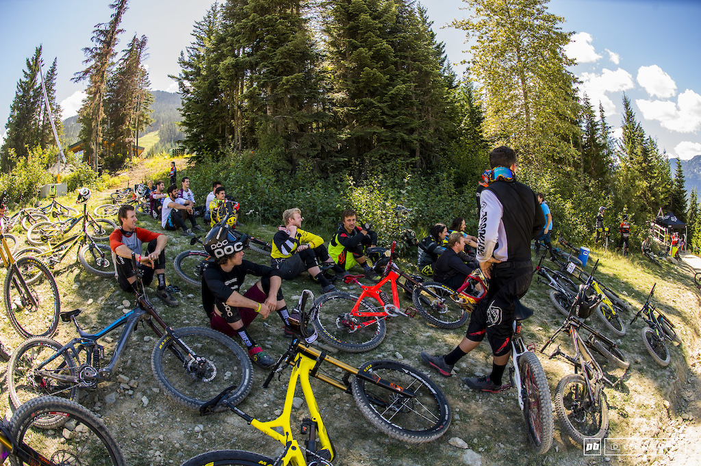 Whistler is deceptively hot in the summer. Pre-race ritual for the A-Line DH on a sunny August day doesn't necessarily mean warming up on a trainer so much as it means hiding in whatever shade is available.