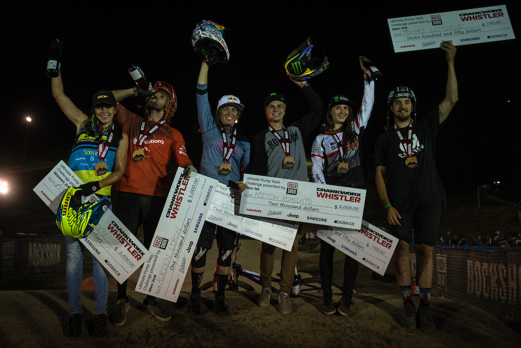 Your podium for the Ultimate Pump Track Challenge presented by RockShox during Crankworx Whistler 2016. 

1st: Jill Kintner, Mitch Ropelato, 2nd: Anneke Beerten, Adrien Loron, 3rd: Manon Carpenter, Tomas Lemoine.

Photo by Clint Trahan.