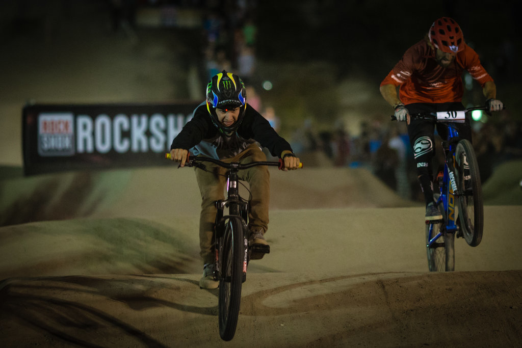 Mitch Ropelato v Adrien Loron during the Ultimate Pump Track Challenge presented by RockShox during Crankworx Whistler 2016. Photo by Clint Trahan.