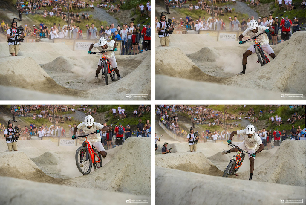 racing for the win in the Pumptrack Challenge at the 2016 Crankworx MTB Festival.