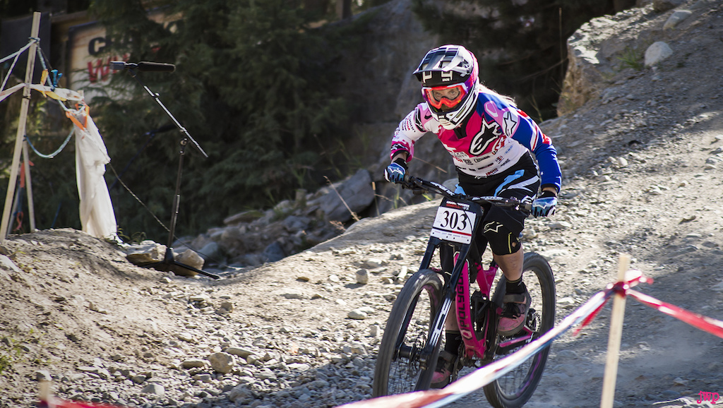 Tracey Hannah racing in the Fox Air Downhill event at Crankworx 2016 in Whistler, B.C., Canada