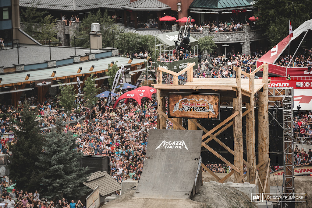 Once again massive crowds made for standing room only in the Whistler base area as Logan Peat backflips his way up the McGazza step-up.