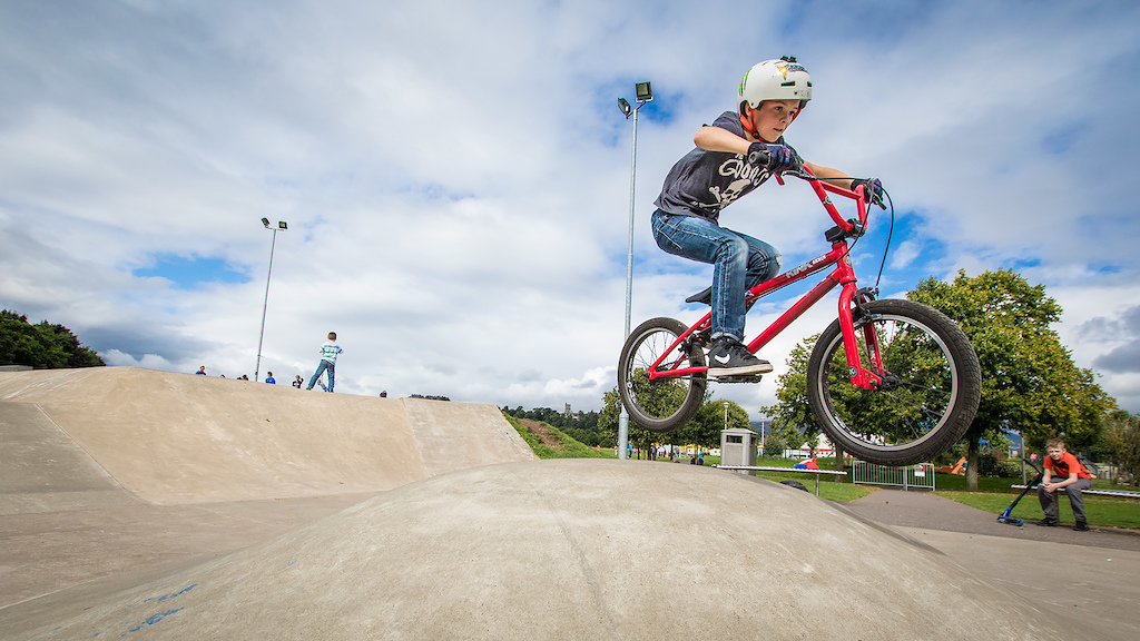 My son getting a little air over the Volcano at Stirling Skate / BMX park on his Kink Kicker.