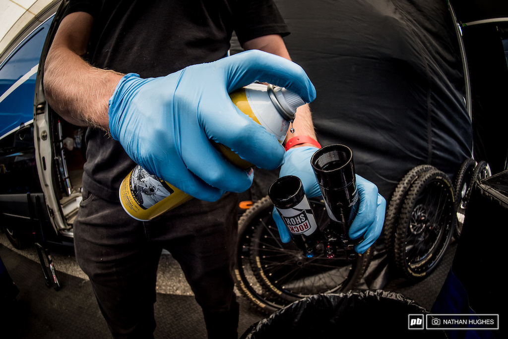 The Giant mechanics have an agreement with Sram to help take some of the load off at the races so are one of the few teams servicing the shocks and forks themselves.