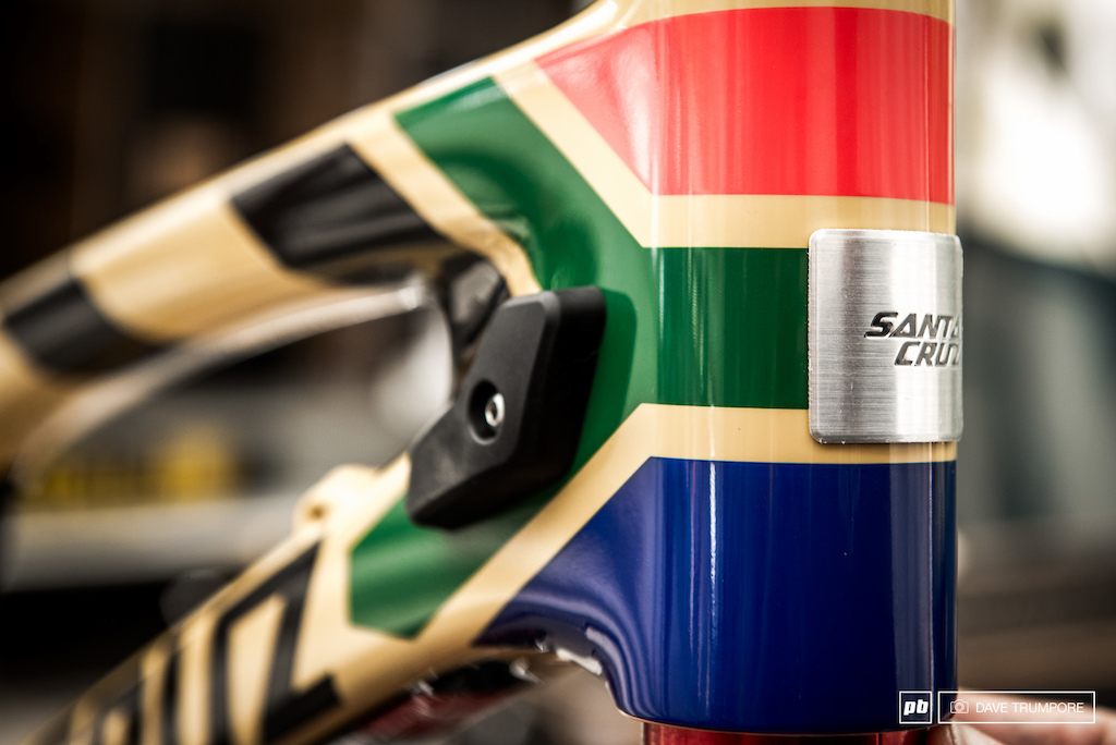 The South African flag draped the front of Greg Minnaar's Santa Cruz V10
