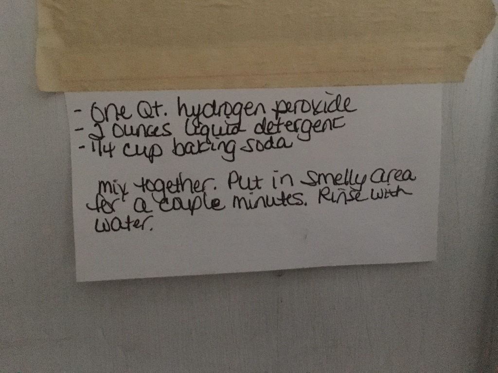 So I'm looking to buy a house right now. Giving my "limited budget" lets just say the houses that I'm looking at aren't exactly tip top. Found this love note in the bathroom. Not exactly sure what exactly the "smelly area" is referring to?