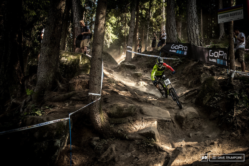 Greg Williamson drops into the steepest part of the track in Val di Sole.