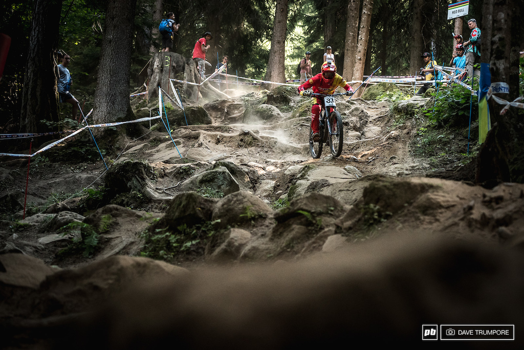 Alex Marin takes the inside line down the steep rock garden.