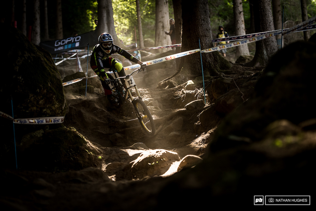 Florent Payet diving into another one of Val di Sole signature switchbacks.