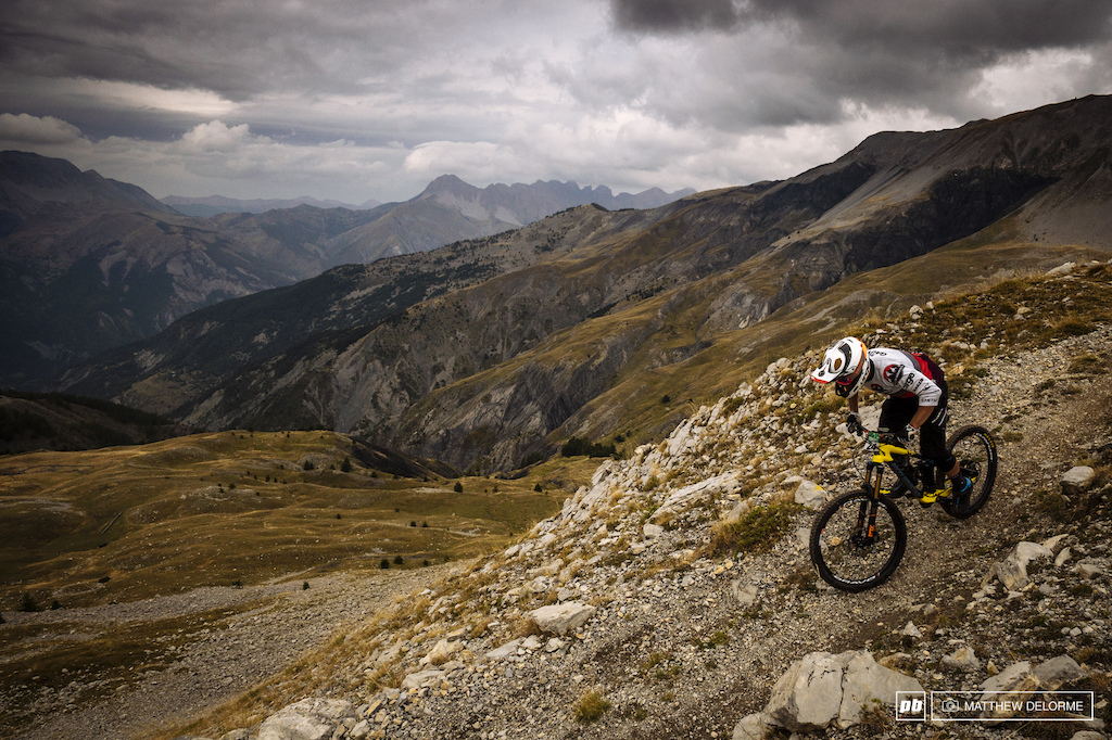 Remi Gauvin heads drops into the valley below amongst the jagged peaks of the Maritime Alps.