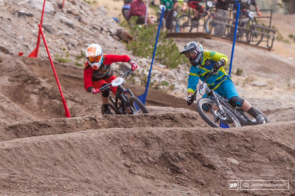 Janea Perry (Nor Pac Power Systems), on the right, would take the pro women's win over Leslie Slagle in dual slalom.