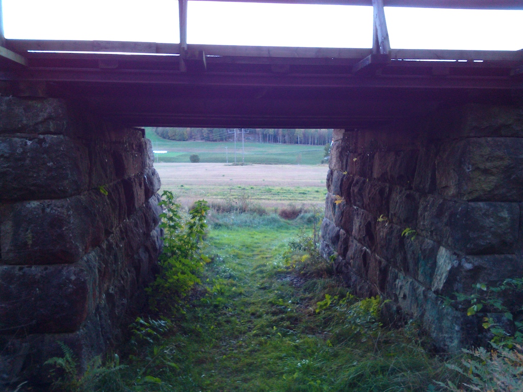 behind the underpass,there is a trimmed grass trail going to the left, going towards,and next to the garden of Trostebekk gård/Trostebekk farm.