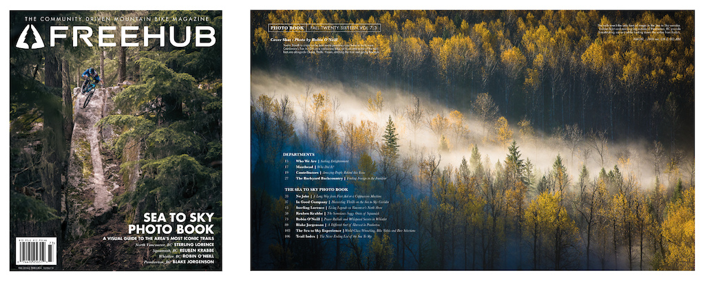 Cover and Table of Contents for Freehub Magazine's Sea to Sky Photo Book. Cover photo by Robin O'Neill, TOC photo by Blake Jorgenson