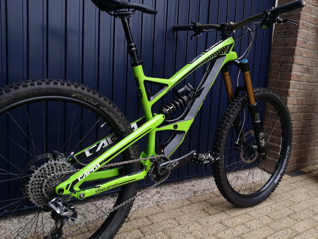 Frame:YT Capra CF Carbon
Shock: FOX DHX2 Coil with SA 350nm Spring
Fork: FOX Float 36 
Wheels: WTB I25 on nukeproof hubs
Tires: Schwalbe 
Bar: Renthal Fatbar
Stem: Renthal apex 30mm
Brakes: Hope tech 3 V4 Vented
Crank: Sram X01
Der: Sram XX1
Cassette: Sram XX1
Chain: Sram XX!
Seatpost: Rockshox Reverb Stealth