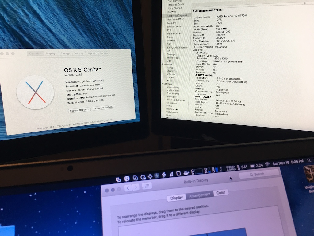 2011 macbook pro 17" , dual thunderbolt monitors