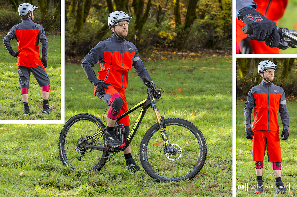 The Fox Head Downpour Pro Jacket and Downpour short. Shown with Giro's Mips Chronicle helmet, Smith Pivlock Arena eyewear, Sidewinder Polar gloves, Fox Head Launch Enduro Knee Pads, Foxhead's 6" Merino Wool socks, and Northwave Celsius 2 GTX Winter boot.