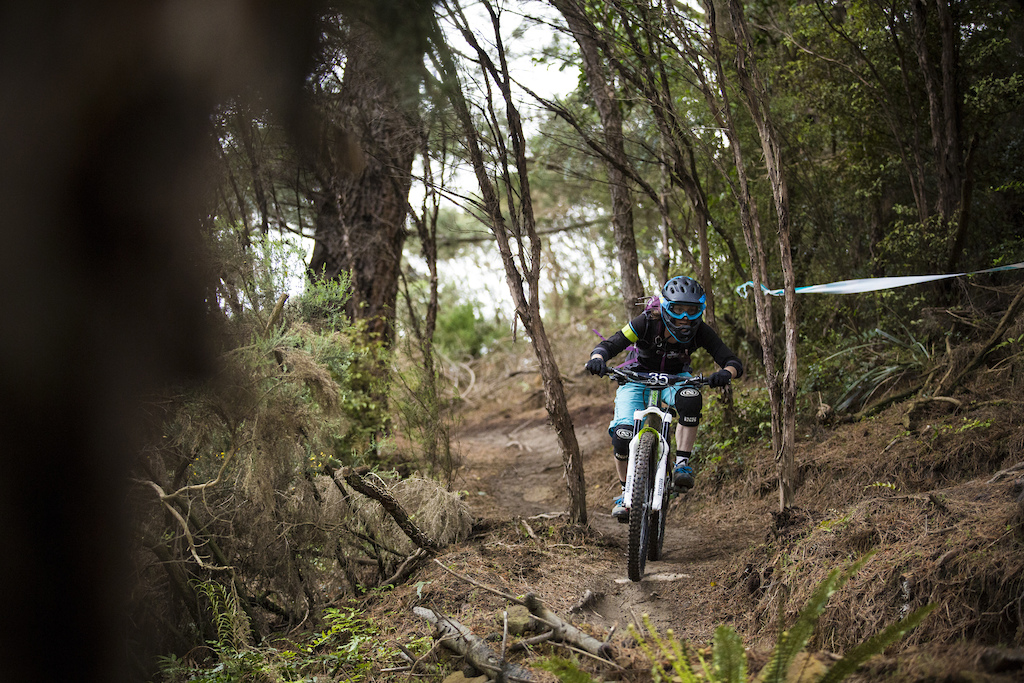 Renee Wilson on her way to a win at the Emerson's 3 Peaks Enduro mountain bike race held in terrain above Dunedin, New Zealand on December 03-04, 2016.